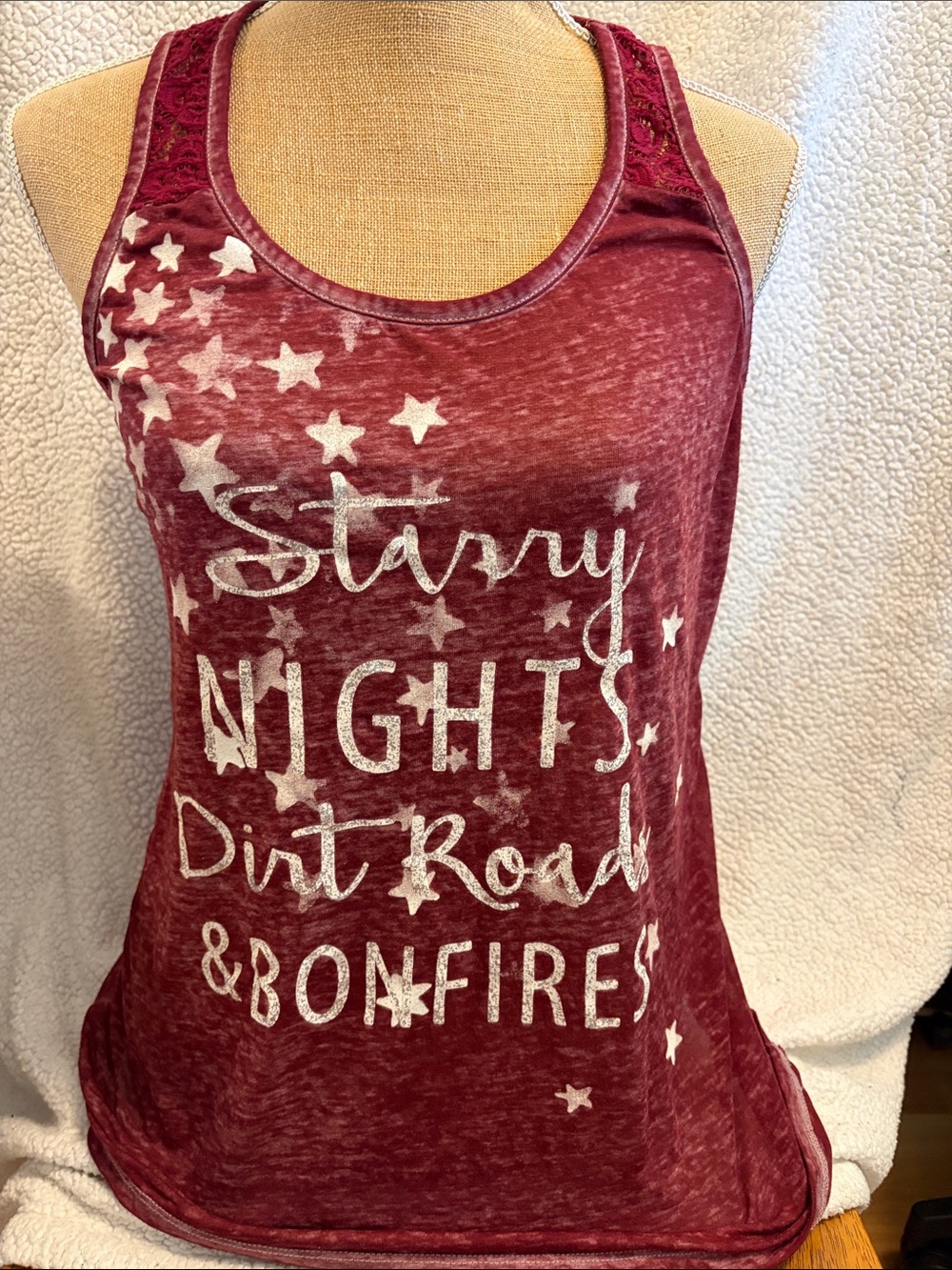 Maurices Burgundy Graphic Tank with White StarryNights,Bonfires,Dirt roads M